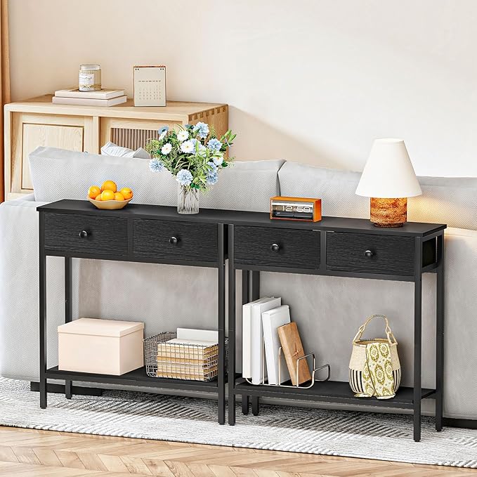 HOOBRO 29.5" Narrow Console Table with 2 Fabric Drawers, Small Entryway Table with 2-Tier Storage Shelves, Sofa Table, Behind Couch Table, for Living Room, Hallway, Black BB71XG01