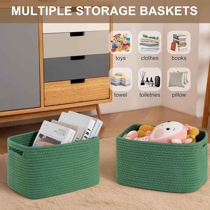 OIASKET Storage Baskets for Organizing, Woven Decorative Baskets for Shelves - Books, Towels, and Clothes, Cotton Rope Toy Storage Bins, 12.7''Lx9''Wx7.8''H, Pack of 4, Green