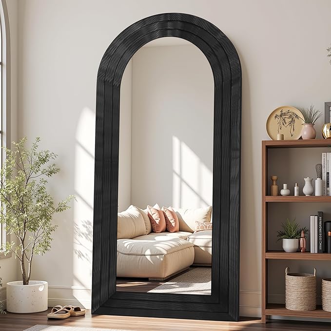 Antok Full Length Mirror with Solid Wood Frame, 71"×32" Wall Mounted Oversized Floor Mirror with Stand, Leaning Standing Hanging for Bedroom Living Room Entryway, Black, Arched Syle