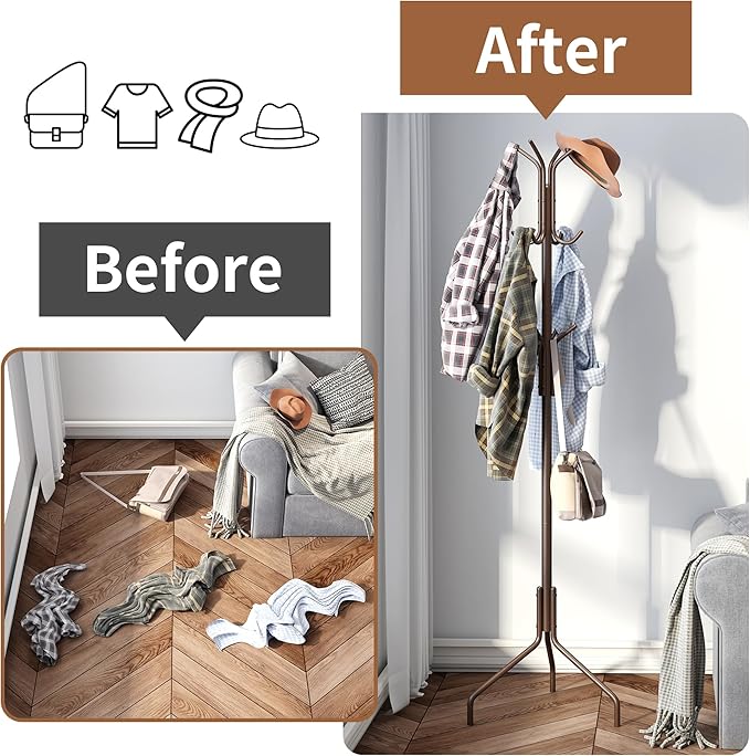 Coat Rack Freestanding Coat Tree Standing Coat and Hat Hanger Jacket Organizer Rack Metal,18.3" L x 18.3" W x 71.5" H, Brown