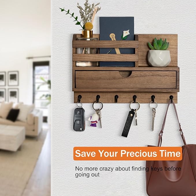 dreampossible Key and Mail Holder for Wall, Mail Organizer Wall Mount with 6 Hooks and Storage Drawer, Wooden Key Rack Hanger with Shelf for Entryway and Home Decor