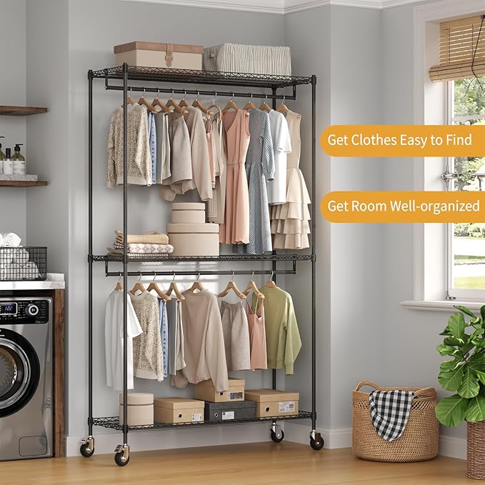 Heavy Duty Rolling Garment Rack, 3 Tier Adjustable Wire Shelving Clothing Racks with Adjustable Shelves and Double Rods for Hanging Clothes, Black Metal Freestanding Closet Organizer