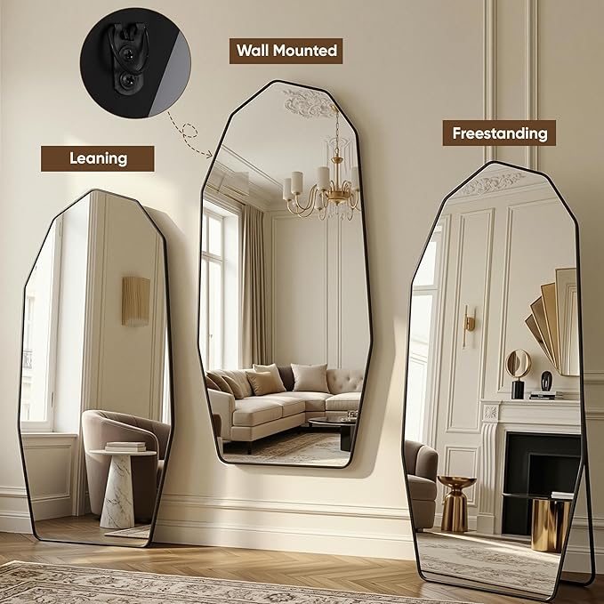 Antok Full Length Mirror, 71"x32" Floor Mirror, Free Standing Wall Mounted or Leaning Full Body Mirror with Aluminum Alloy Frame, Diamond Irregular for Bedroom Entryway Cloakroom, Black