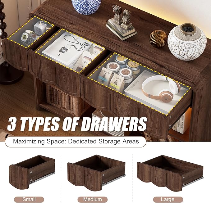 PAKASEPT Retro Entryway Table with RGB LED Lights, 43" Walnut Console Table with 3 Drawers & 2 Open Storage Shelves, Mid-Century Modern Hallway Accent Tables Behind Couch Table for Living Room