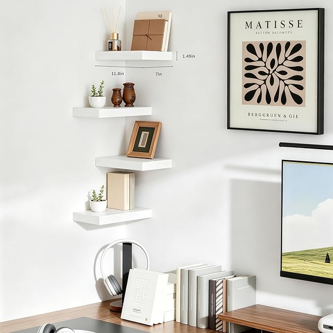 Floating Shelves for Wall White Shelves Bathroom, Bedroom and Living Room, Wall Shelves & Book Shelf, Hanging Shelf, Modern Wooden Wall-Mounted Small Floating Shelf, 12x7x1.5 in, Set of 2