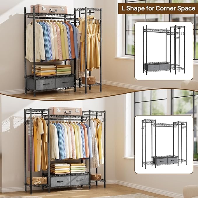 Golpart Coat Rack Clothes Wardrobe：Closet Organizer and Storage Clothing Garment Rack with Shelves Heavy Duty for Hanging Clothes Portable Adjustable Black 15.8" DX61 WX76.5 H