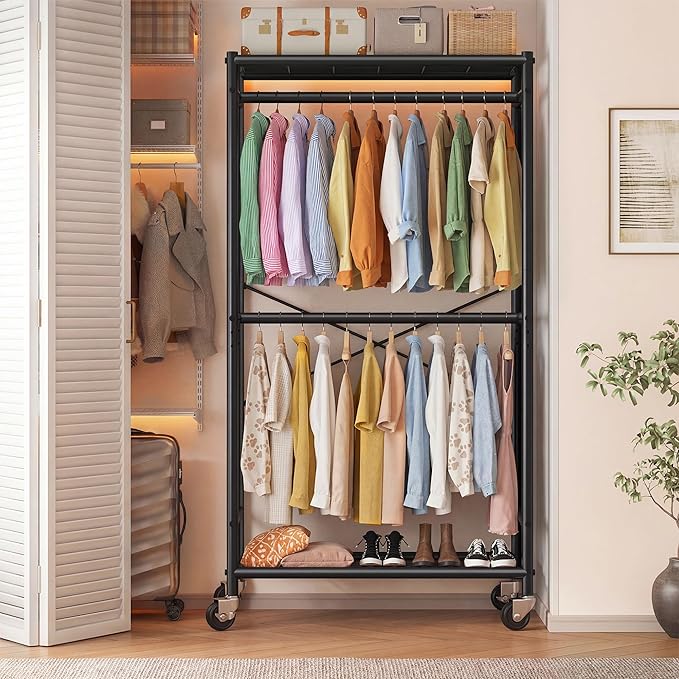 Raybee Clothes Rack, Clothing Racks for Hanging Clothes, Rolling Clothes Rack with Adjustable Rod, Double-tier Garment Rack with Wheels, Metal Portable Closet for Bedroom, Laundry, Black
