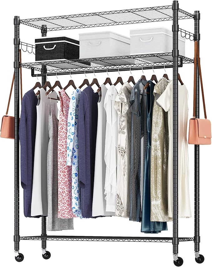 BATHWA Heavy Duty Clothing Racks,47.3"W x 17.7"D x 74.8"H Wide Hanging Space 3 Adjustable Shelving Garment Rack on Wheels Portable Wardrobe for Dress Coat Clothes Organizer Sturdy Metal Construction