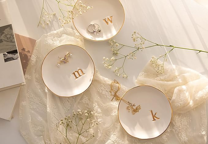 COLLECTIVE HOME - Ceramic Jewelry Tray, Decorative Trinket Dish for Rings Earrings Necklaces Bracelet Watch Keys, Birthday Mother's Day Christmas Gift for Women, 4.75", White Surface (u)