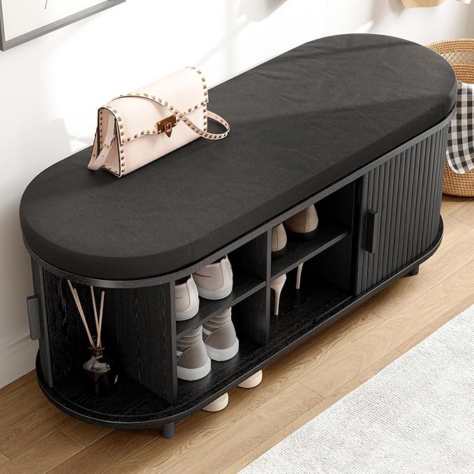 ONBRILL 43" Shoe Bench with Storage, Fluted Shoe Storage Bench with Cushion, Sliding Door and Adjustable Shelf, for Entryway, Hallway, Living Room, Black