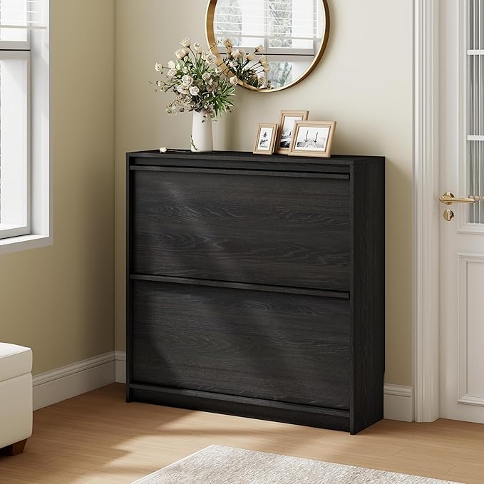 Shoe Cabinet with 2 Flip Drawers, Modern Narrow Shoe Storage Cabinet Organizer with Adjustable Shelf, Hidden Freestanding Shoe Rack for Entryway, Hallway, Living Room, Black