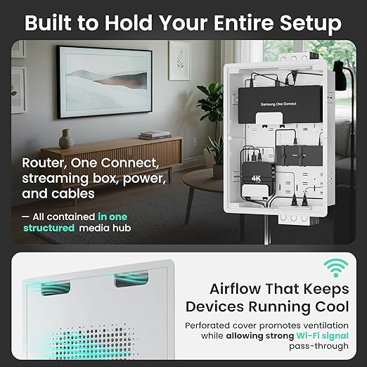 ynVISION.DESIGN 17" Recessed in-Wall Media Box - Flush Mount AV Cable Management Box & Cord Hider with Adjustable Shelf, Cable Straps & Vented Cover - Compatible with Apple, Roku TV, Fire TV & More