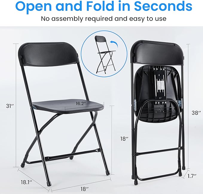 Simple Deluxe 6-Pack Folding Chairs Plastic, Foldable Stackable Portable Chairs with Metal Frame 330lb Capacity, for Indoor Outdoor Use, Commercial Event Chairs for Party, Wedding, Office, Black