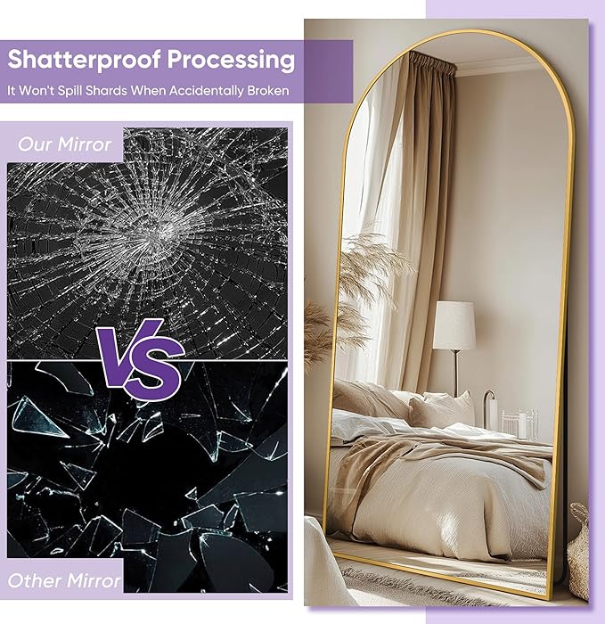 Full Length Mirror, Arched Floor Mirror Freestanding, Floor Standing Full Body Mirror with Stand for Bedroom, Hanging Mounted for Living Room Cloakroom