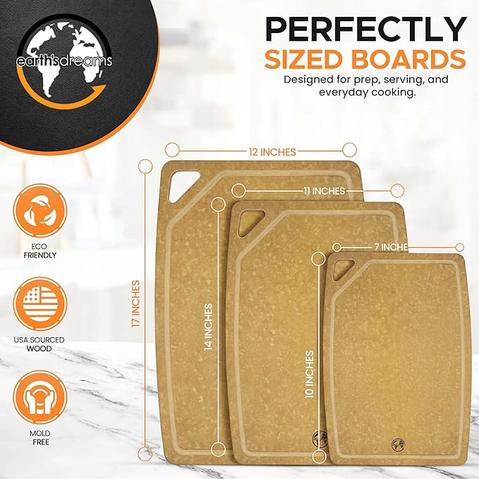 Earth's Dreams Composite Wood Cutting Board Set of 3 – Dishwasher Safe, Non-Toxic Cutting Boards for Kitchen – Large, Medium & Small Non-Slip Wood Charcuterie & Chopping Boards (Tan/Juice)