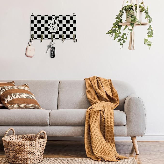Black and White Checked Key Holder for Wall 10"x5.12", Boys Room Decor Key Hanger Wall Mount, Preppy Peace Sign Wooden Hanging Keys Holder Decor for Entryway Front Door Kids Room（5 Hooks）