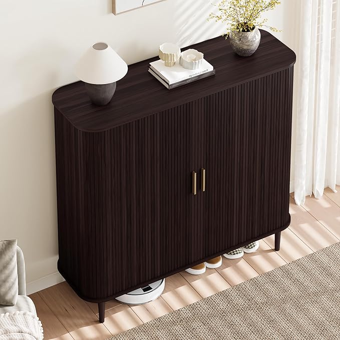 DHH Shoe Storage Cabinet with Sliding Door, 6-Tier Shoe Cabinet with Adjustable Shelves, Modern Freestanding Shoe Storage Organizer for Entryway, Hallway, Living Room (Dark Walnut, 47 ")