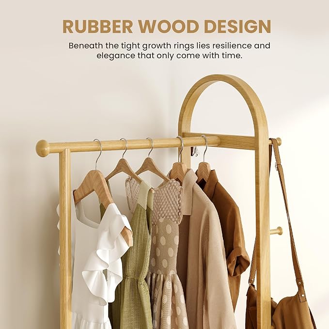 31.5" Wide 3-in-1 Freestanding Clothing Rack.Wooden Coat Rack with 2 Shelves and 6 Hooks,Solid Rubber Wood Coat Rack with Shelves for Entryway, Bedroom, Living Room, Natural