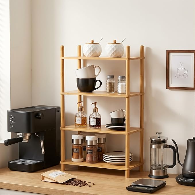 4-Tier Expandable Bamboo Desktop Organizer Shelf Kitchen Cabinet and Counter Riser Display Shelf for Top of Desk Home Office Bathroom Coffee Table Display Stand,Natural
