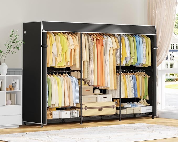 ULIFHOME E14C Max Heavy Duty Closet Organizer System，Freestanding Clothing Racks for Hanging Clothes，Adjustable Garment Rack 86" W × 16" D × 77" H Hold 1060 lbs，Black Rack with Black Cover