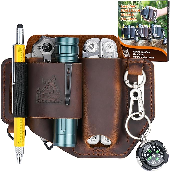 FLYHOMES Genuine Leather Multitool Sheath | Handmade Stitched EDC Belt Organizer for Leatherman Surge | Flashlight, Knife Holster, Pen & Tools Pouch | Dark Brown (Large)