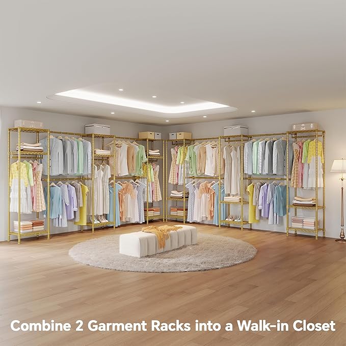 Higeego Large Clothes Rack, Clothing Rack for Hanging Clothes, Heavy Duty Garment Rack, Freestanding Wardrobe Closet with Extendable Hanger Rods, Width from 7.8 to 10.8 ft, H11 Gold