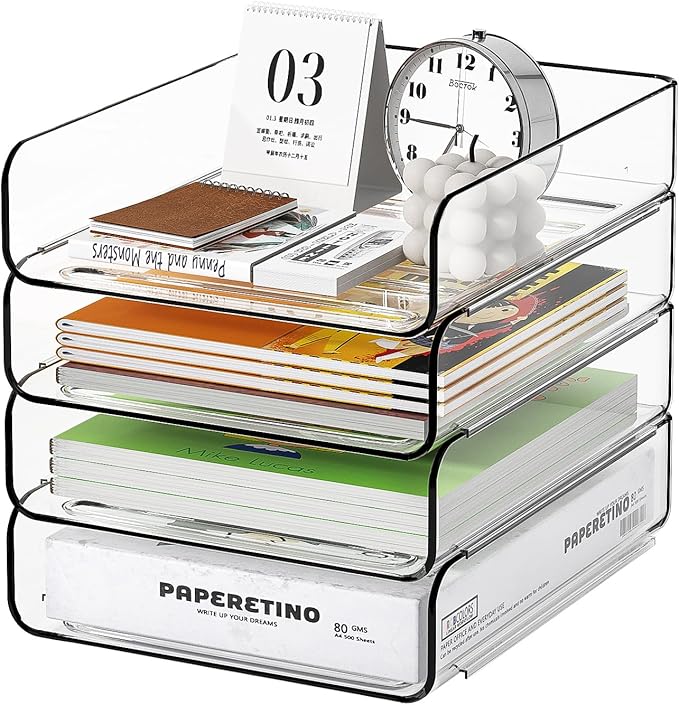 FANXIYQ 4-Tier Acrylic Paper Tray Organizer | Clear Stackable Desk Organizer for Documents, Letters, A4 Paper | Modern Office/Classroom/Home Organization