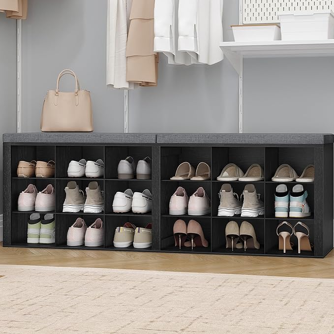 Hzuaneri Shoe Storage Bench with Cushion, Entryway Storage Bench with 18 Cubbies, 9.5" Widened Organizer Cabinet, Long Cubby Rack for Living Room, Bedroom, Entryway, Black SB25704GY