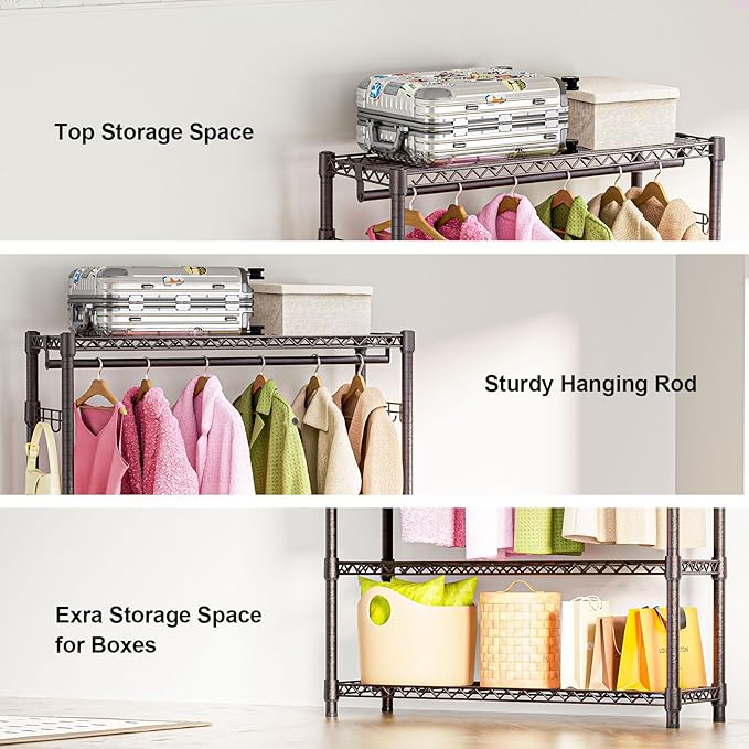 M MZG Heavy Duty Rolling Garment Rack 3 Tiers Adjustable Wire Shelving Clothes Rack with 1 Rods and Side Hooks,Storage Closet Clothing Rack Grey 15.7" D x 45.3" W x 72.4" H
