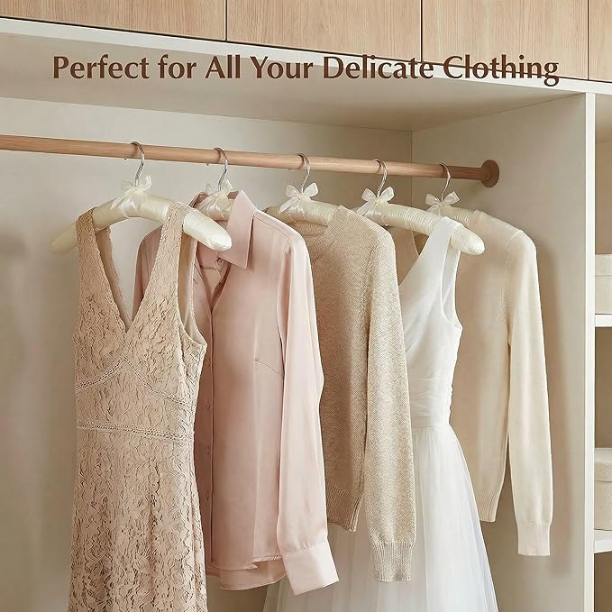 HOUSE DAY 17 Inch Satin Padded Hangers for Women, 6 Pack Heavy Duty Silk Hangers with Swivel Hooks, No Shoulder Bump Thick Foam Hangers for Sweater, Wedding Dress, Coat & Delicate Cashmere - Beige