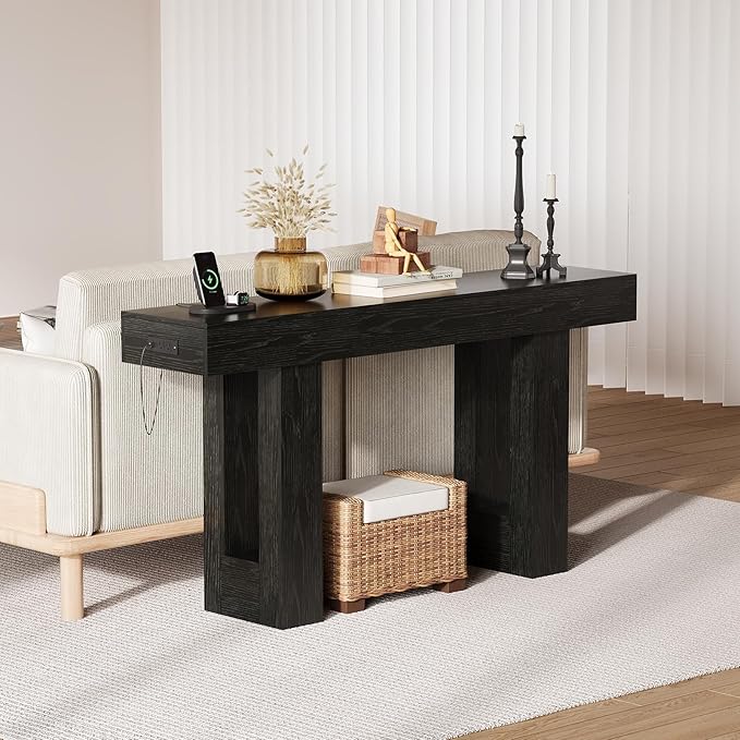 IDEALHOUSE 63" Entryway Table, Wood Console Table with Charging Station, Extra Long Sofa Table, Narrow Hallway Foyer Table for Entryway, Hallway, Living Room, Black
