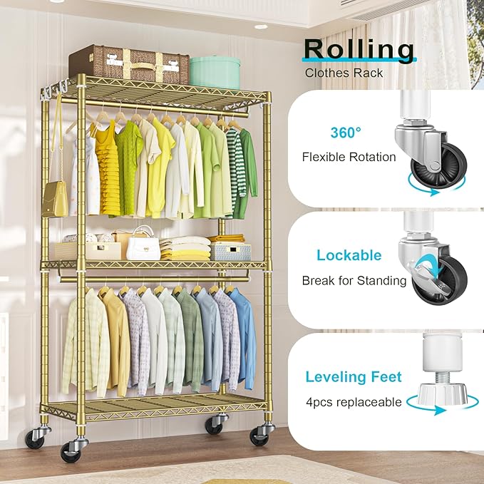 FUTASSI P3 Rolling Clothes Rack, Clothing Racks for Hanging Clothes, Heavy Duty Garment Rack with Wheels, Freestanding Portable Closet Racks 39.4'' W x 14'' D x 78.5'' H, Max Load 470 LBS, Gold