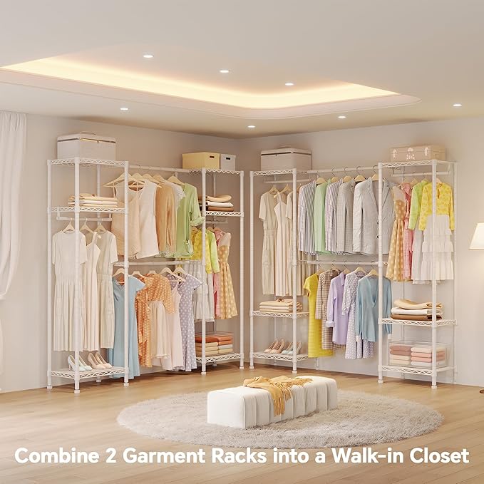 Higeego H10 Expandable Clothes Rack Clothing Rack for Hanging Clothes, Heavy Duty Garment Rack, Freestanding Wardrobe Closet Organizer with Hanger Rods, Extendable from 4.6 to 5.1 ft, White