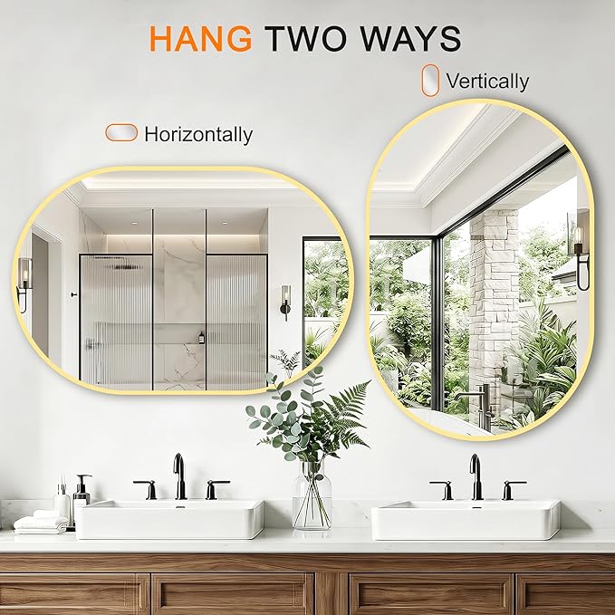 TRAHOME Oval Bathroom Mirror, 24"x36" Gold Vanity Mirror for Over Sink, Bedroom, Living Room, Entryway, Modern Mounted Metal Frame Wall Mirror