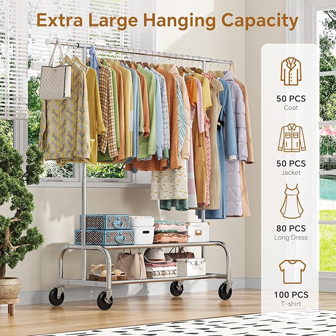 Simple Trending Heavy Duty Clothes Rack, Garment Rack with Extendable Side Rods & Botton Shelves, 25mm Metal Clothing Rack with Wheels, Bedroom, Laundry Room, Silver