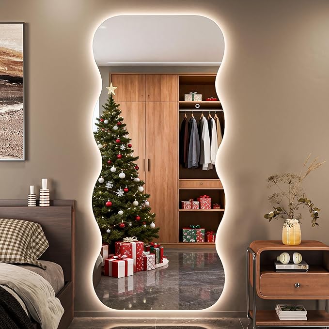 Hasipu Wavy Full Length Mirror with Lights - 71"×31" LED Wavy Floor Mirror, Frameless, Dimmable, Standing or Vertical/Horizontal Wall-Mounted Mirror for Bedroom, Living Room, Cloakroom