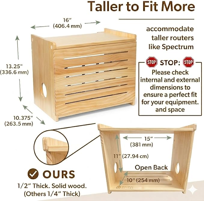 Wooden WiFi Router Storage Box - Deluxe Wall Mountable Decorative Modem Shelf Hider Cover with Cable Management System - Rustic Home Organization Solution for Routers Up to 11" Tall - Pine