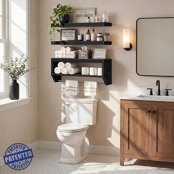 QEEIG Bathroom Floating Shelves for Wall - Shelf Over Toilet Paper Storage Farmhouse 24 inch Set of 3, Black (028-60B3)