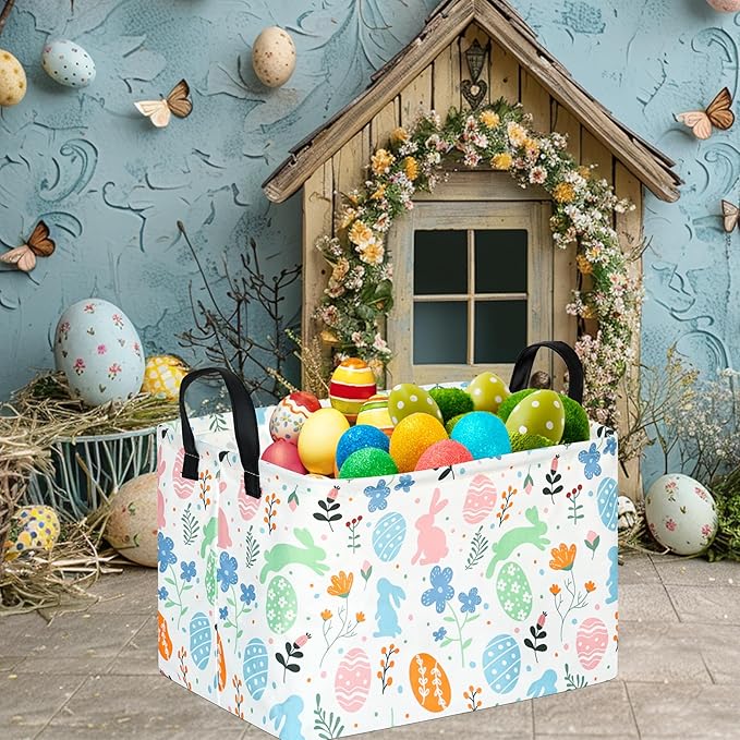 Rectangular Easter Basket Storage Bin for Shelves Cute Gifts Baskets Foldable Box with Handles for Boy and Girl Home Office Car Dormroom Easter Party Supplies