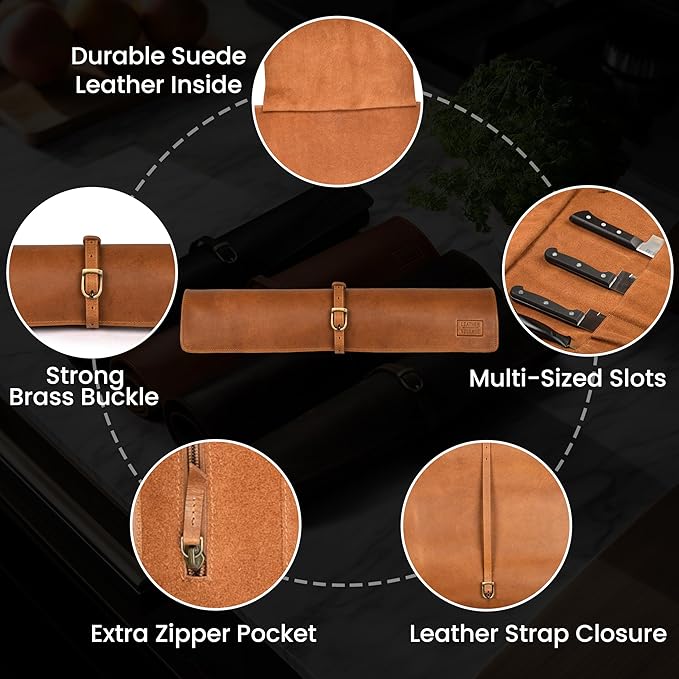 LEATHER VILLAGE Genuine Leather Knife Roll Bag – Professional Chef Carrying Case, Durable Sheath Holder, Cooks & Culinary Tools Organizer, Portable Travel Storage with 4 Slots & Zipper - Tan