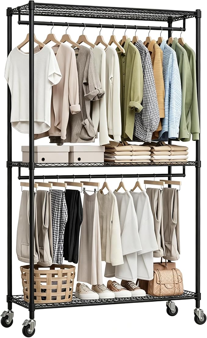 Heavy Duty Rolling Garment Rack, 3 Tier Adjustable Wire Shelving Clothing Racks with Adjustable Shelves and Double Rods for Hanging Clothes, Black Metal Freestanding Closet Organizer