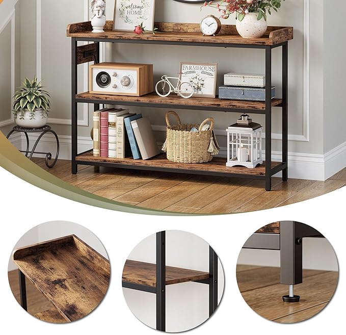 IRONCK Console Table, Sofa Table with Power Outlet, Farmhouse Hallway Table for Entryway, Living Room, Height Adjustable, Easy Assembly, Rustic Brown, 43"
