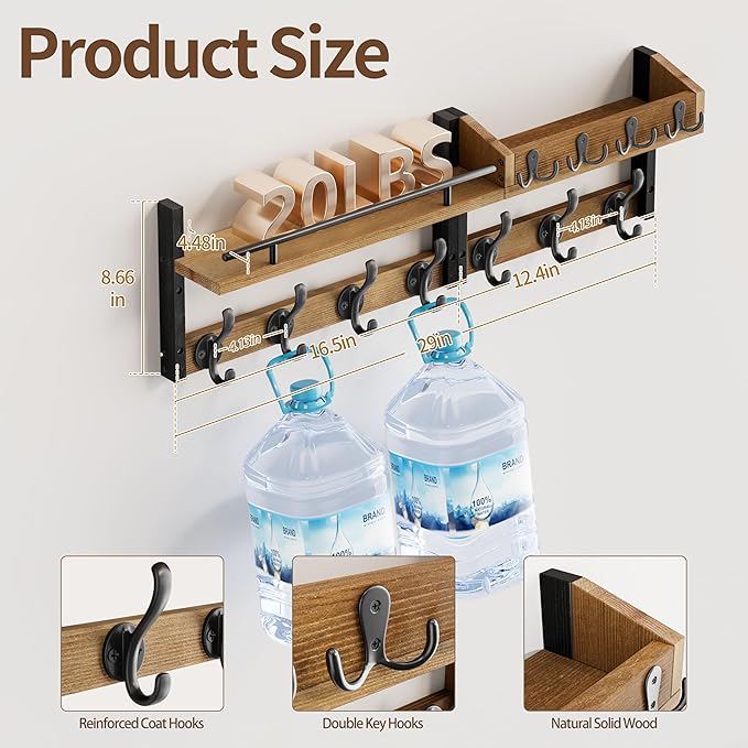 29 inch Coat Rack Wall Mount with Shelf, Entryway Wall Shelf with Hooks, Heavy Duty Coat Hanger Wall Mount with Key Holders and Mail Organizer for Living Room, Bedroom, Wooden Brown & Black