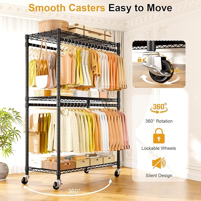 ULIFHOME P5 Plus Rolling Clothes Rack Heavy Duty, Clothing Racks for Hanging Clothes, Metal Garment Rack with Wheels, 3-Tier Portable Closet Rack 45'' W × 20.5'' D × 80.5'' H, Max Load 660 Lbs, Black