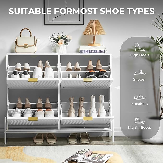 Shoe Cabinet Storage with 4 Flip Drawers, Narrow Hidden Shoes Organizer Cabinet for Entryway, Freestanding Slim Shoe Rack Front Door Entrance(White)