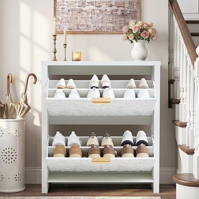 weselon Flip Drawer Shoe Cabinet Set of 2, Narrow Shoe Storage Cabinet, 2-Tier Hidden Shoe Organizer with Carved Floral for Entryway, Slim Shoes Storage for Hallway Foyer (2, White)