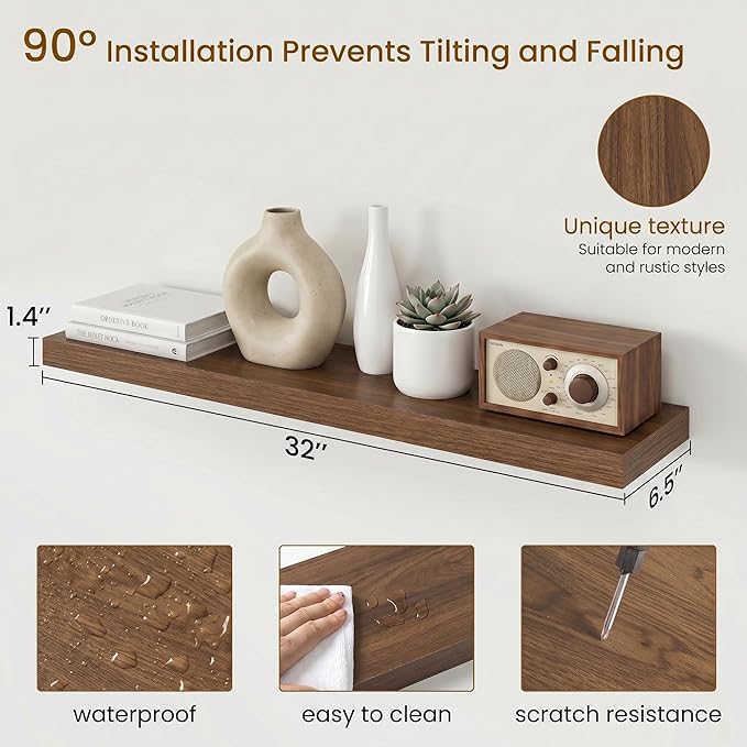 Dreamland 32inch Floating Shelves for Wall, Rustic Walnut Floating Shelves for Bathroom|Bedroom|Kitchen, Deep Wall Mounted Book Shelf, Wood Storage Display Shelf for Home Decor, Set of 2