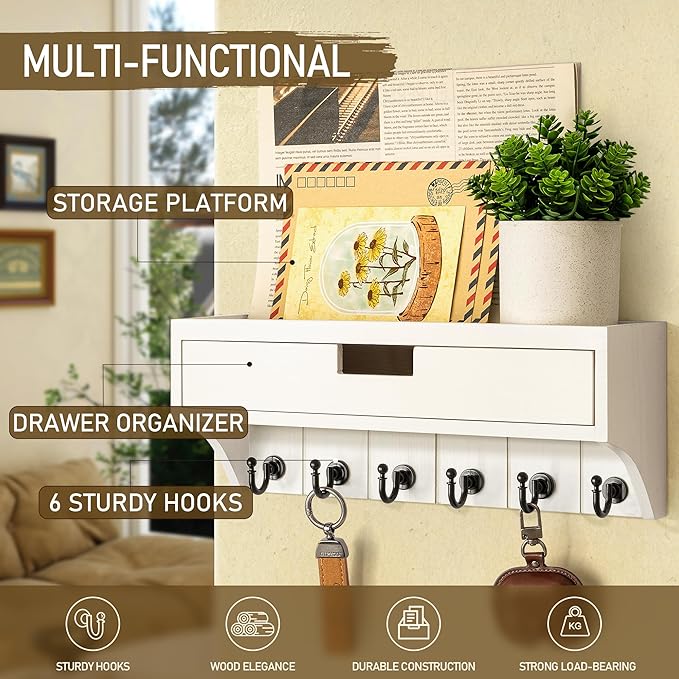 Rebee Vision Decorative Pine Wood Key Holder Wall Mount with Drawer Organizer - Mail Organizer with 6 Key Hooks - Stylish Wall Shelf for Apartment Essentials (Modern White)