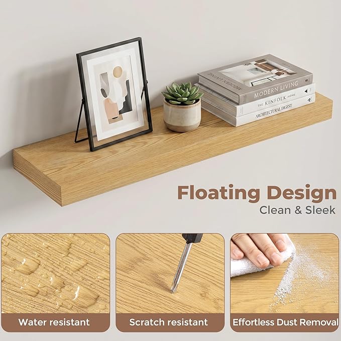 Venusmiles Floating Shelves for Wall, 24 Inch Floating Shelves Set of 2, 6.5" D Wooden Wall Mounted Display Shelves with Invisible Brackets for Living Room, Bedroom, Bathroom, Kitchen Decor, Oak