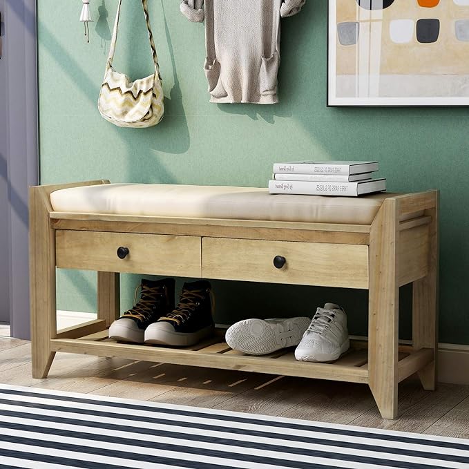 LUMISOL Storage Bench, Shoe Rack with Upholstered Seat and 2 Drawers, Solid Wood Entryway Storage Bench with Shoe Rack for Entryway, Living Room, Bedroom, Antique Navy